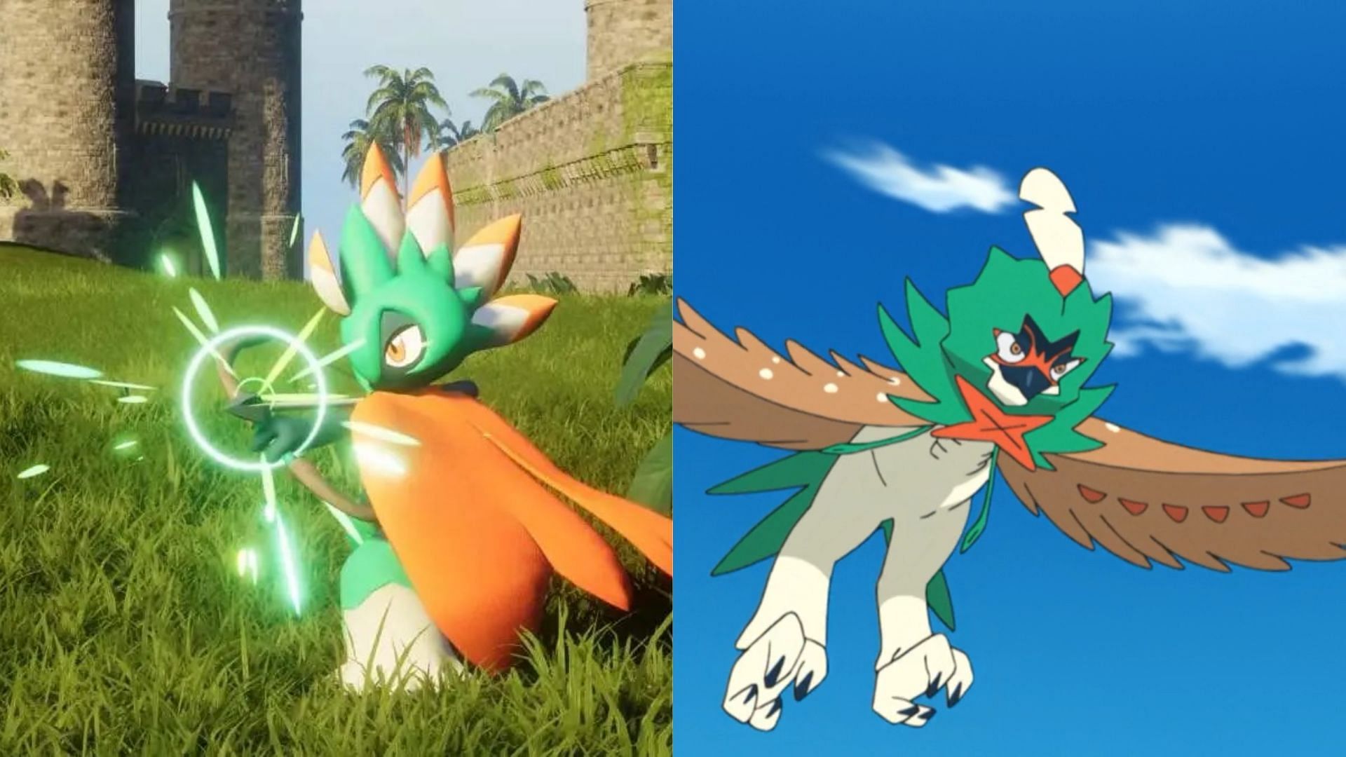Both Robinquill’s Palworld Pal design and Decidueye radiate a mysterious archer from the woods (Image via Pocketpair/The Pokemon Company)
