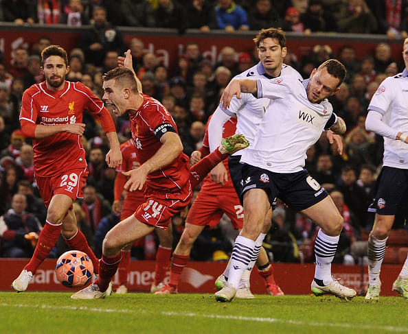 Bolton goalkeeper, Adam Bogdan, prevents Liverpool from scoring at Anfield in the FA Cup