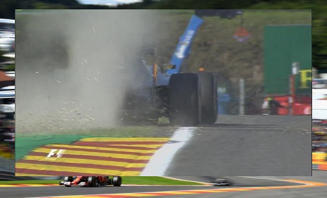 Hamilton grinds through some grass at Les Combes..oops!
