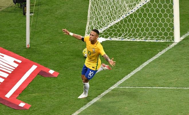 Neymar celebrating his historic 50th international goal