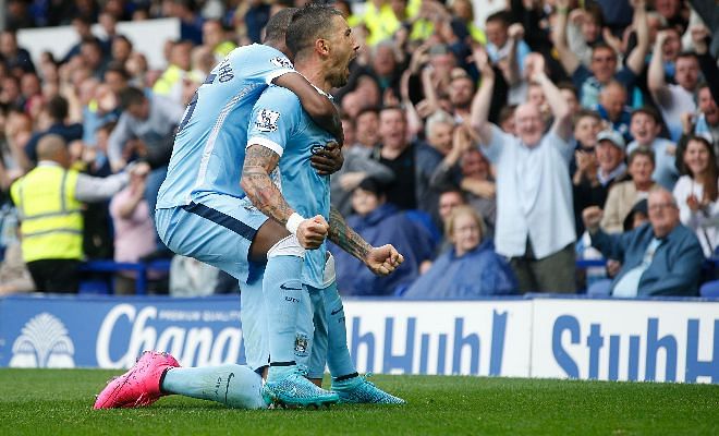 Kolarov and Sterling celebrating the goal.