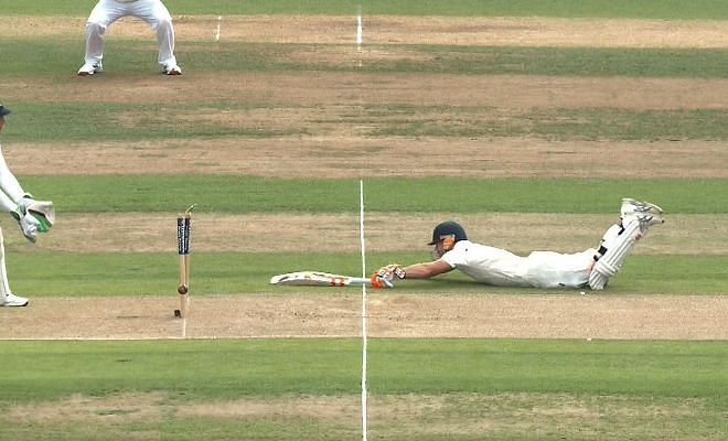 Close call as David Warner merely makes it back to the crease with claims of a run out. Third umpire indicated he is not.