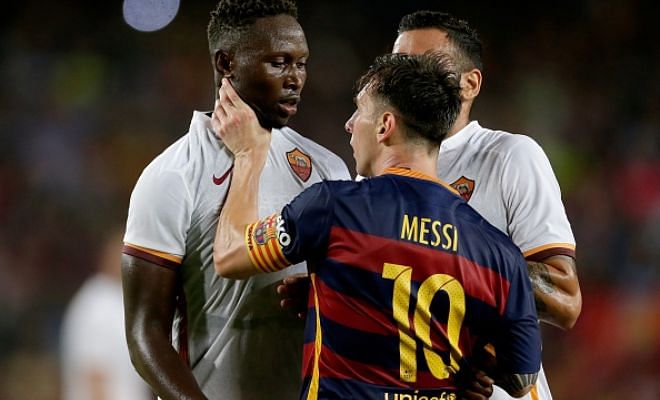 Video: Lionel Messi headbutts Roma's Yanga-Mbiwa and then grabs his neck in friendly match