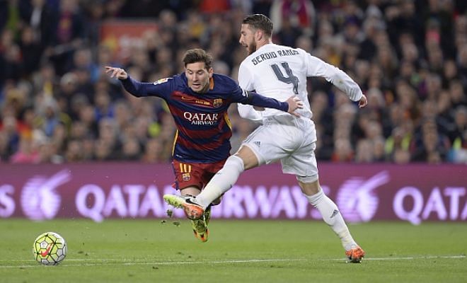 Barcelona were denied a free-kick when Sergio Ramos fouled Lionel Messi