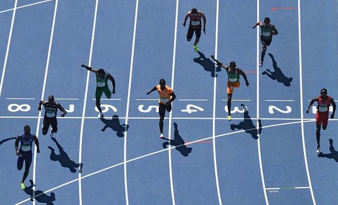 Look at how far ahead Justin Gatlin was in his heat in spite of slowing down in the last few metres. 