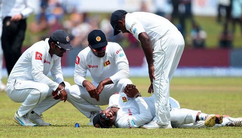 Gunaratne was immediately rushed off the ground after he injured his thumb