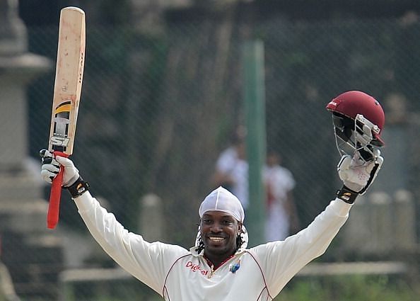 West Indies batsman Chris Gayle raises h : News Photo