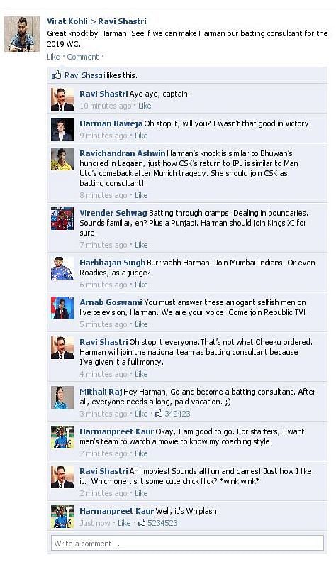 Fake FB Wall: Virat Kohli wants Harmanpreet Kaur as batting consultant for men's team for 2019 World Cup