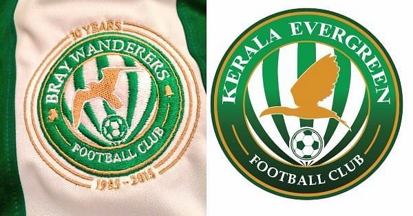 The crests of Bray Wanderers and Kerala Evergreen FC