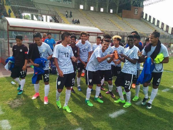 Abhijit celebrating India U-17s&#039; 2-0 win over an Italy XI