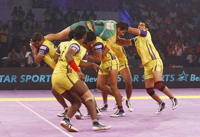 Sandeep Narwal going for a jump over the Telugu defence.