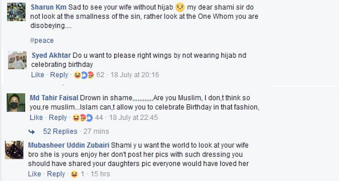Some of the comments on Facebook where Shami posted the picture