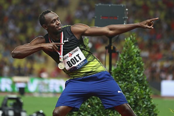 Usain Bolt in his trademark pose after winning the 100m during the IAAF Diamond League Meeting Herculis in Monaco this month.