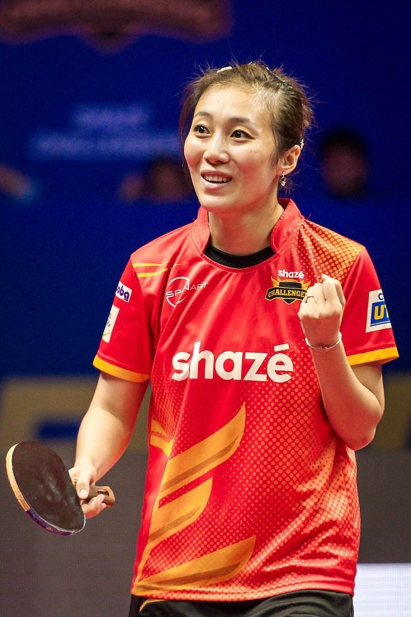 Ying Han of Shaze Challengers celebrates after winning her match.