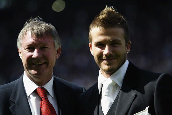 David Beckham of Manchester United and manager Alex Ferguson