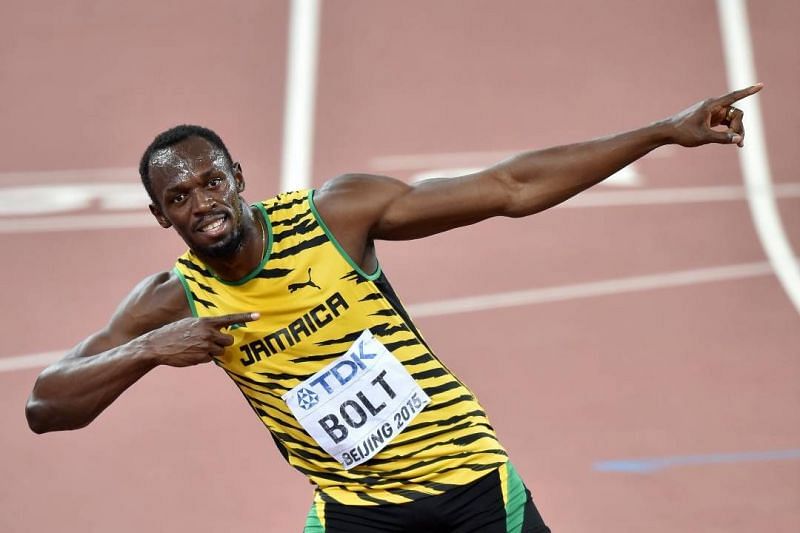Bolt after winning gold in the 2015 Worlds