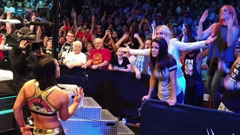 The Four Horsewomen of the WWE and MMA crossed paths during the Mae Young Classic tapings this past month.