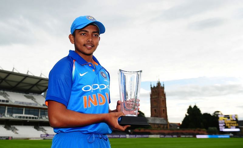 Skipper Prithvi Shaw with the trophy after beating England 5-0
