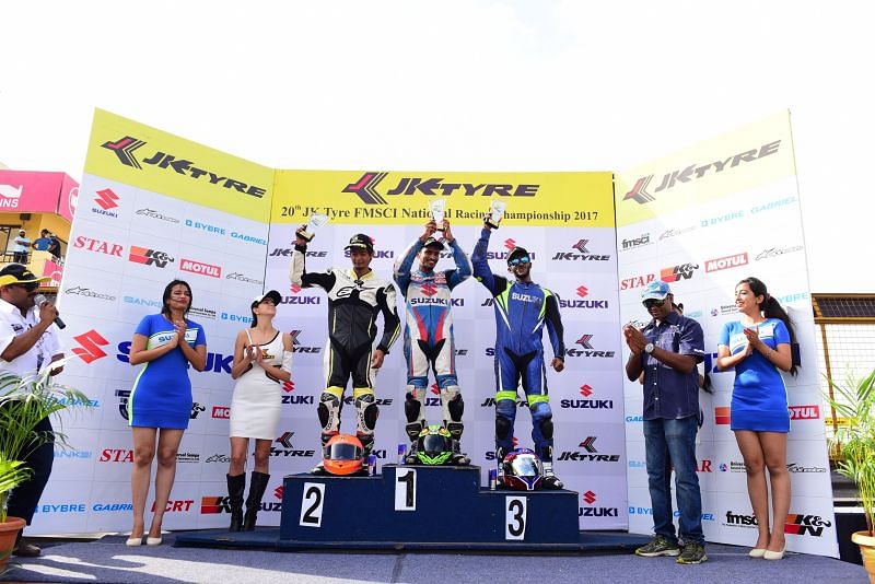 The winners of Round 2 of the 20th JK Tyre FMSCI National Racing Championship&#039;s JK Tyre Suzuki Gixxer Cup 