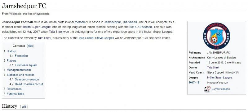 The vandalised Jamshedpur FC Wikipedia page which has now been restored