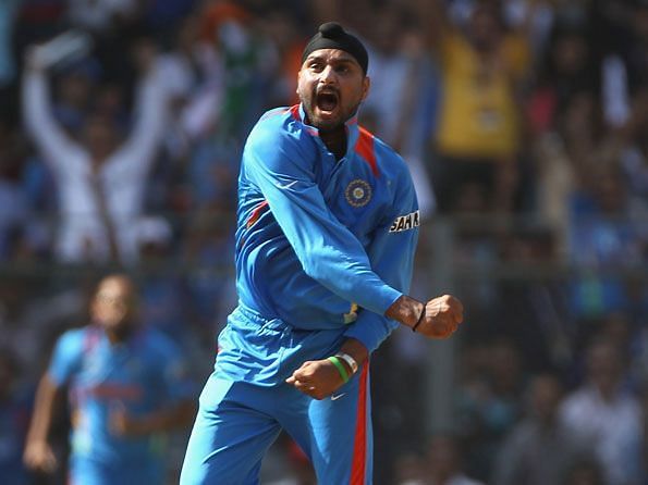 Harbhajan celebrates after picking a wicket