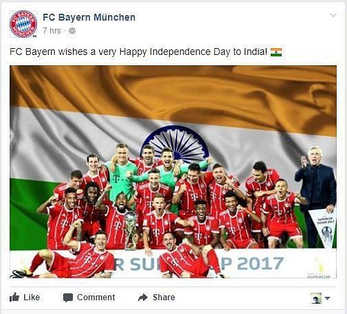 Bayern team with the trophy and Indian flag