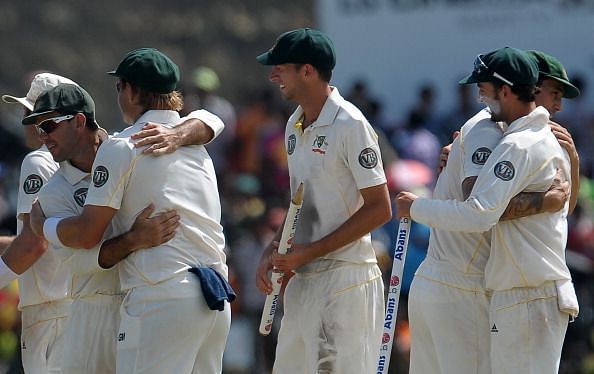 The Australian team celebrate after beating Sri Lanka