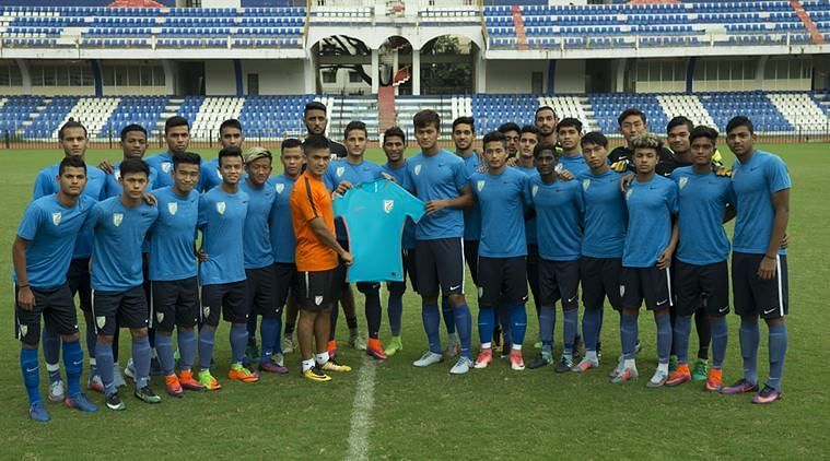The Indian U-17 team with Sunil Chhetri (image source: Indian Express)