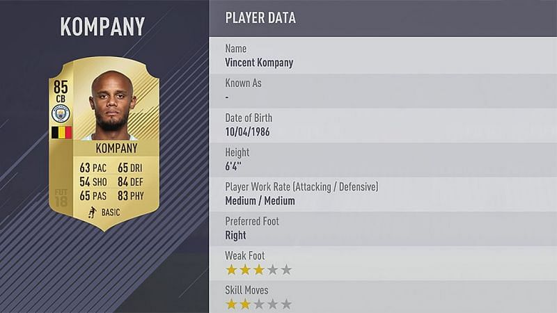 Vincent Kompany&#039;s FIFA 18 card
