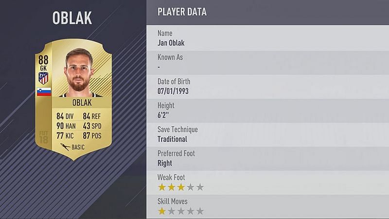 Oblak&#039;s FIFA 18 card