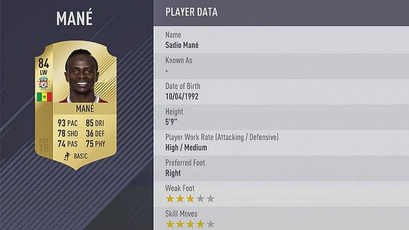 Sadio Mane&#039;s FIFA 18 card