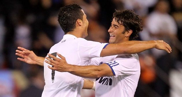 Marcos Tebar celebrating a goal with Cristiano Ronaldo at Real Madrid