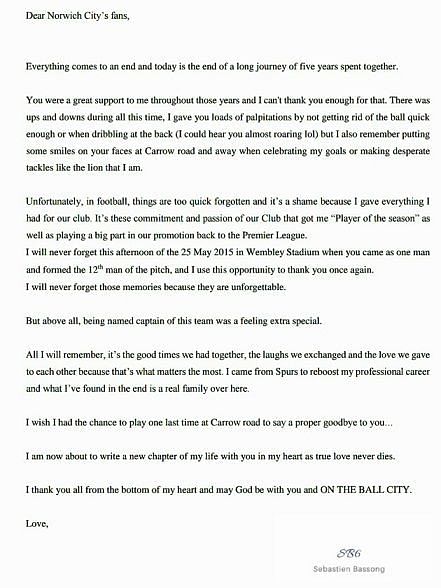 Bassong&#039;s heartfelt farewell letter to Norwich fans.