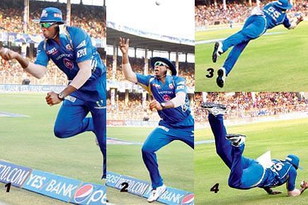 Pollard took one of the catches of IPL 2014 against Rajasthan Royals