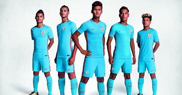 India&#039;s U-17 players modelling the new Indian football kit