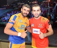 The two gentlemen of the sport posed together for the shutterbugs after an on mat misunderstanding