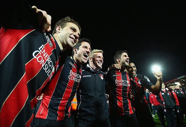 The Bournemouth players and Eddie Howe celebrate making it to the Premier League