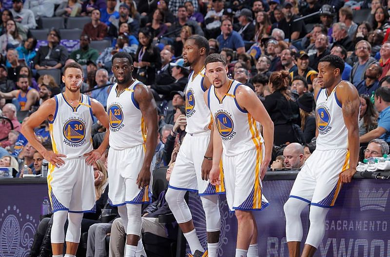 Stephen Curry, Draymond Green, Kevin Durant, Klay Thompson and Andre Iguodala of the Golden State Warriors