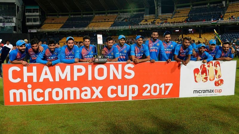 A jubilant Indian team after beating Sri Lanka