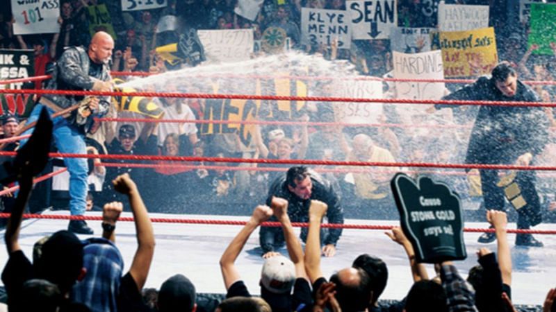 Stone Cold Steve Austin stole the show on Monday Night Raw as he doused Vince McMahon, Shane McMahon and the Rock in beer