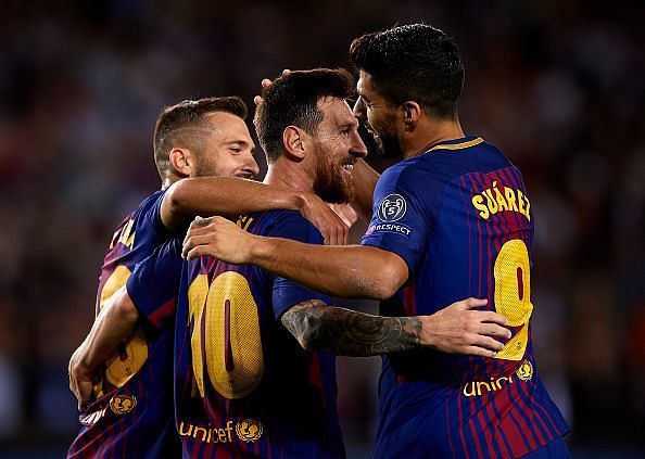 Barcelona score the third goal against Juventus in their UCL opener