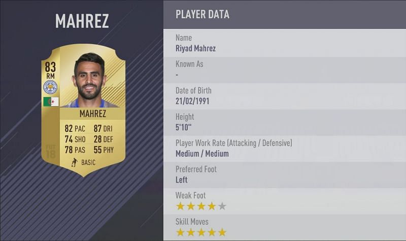 Mahrez&#039;s FIFA 18 card