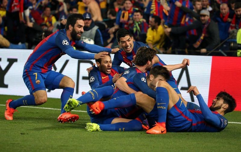 Barcelona's player celebrates after Sergi Roberto's goal