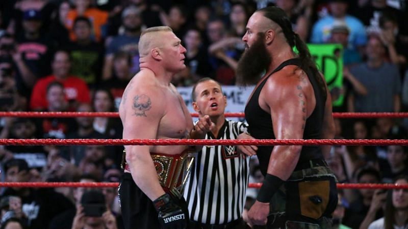 Braun Strowman and Brock Lesnar face each other in the lead-up to their match at No Mercy