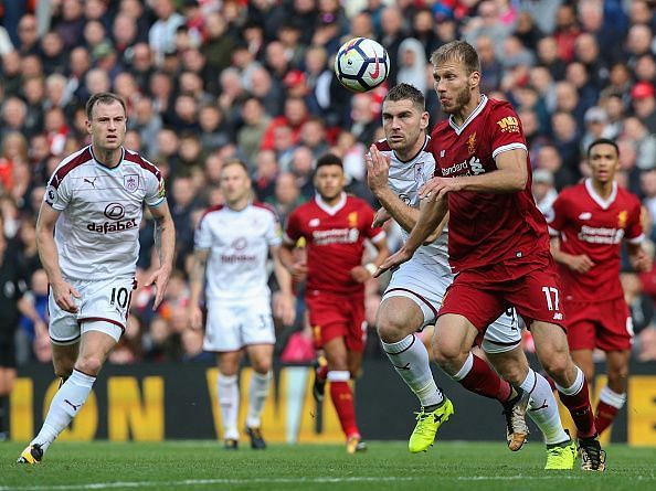 Klavan vies for the ball in Liverpool&#039;s clash with Burnley
