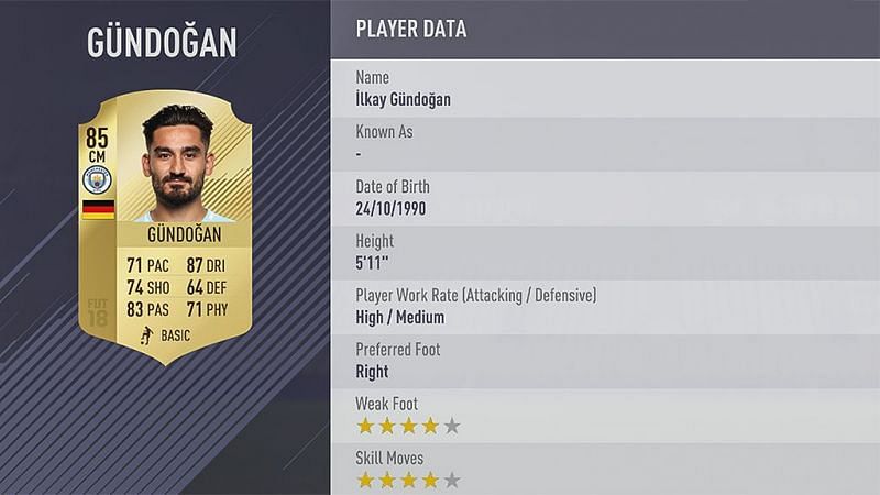 Ilkay Gundogan&#039;s FIFA 18 card
