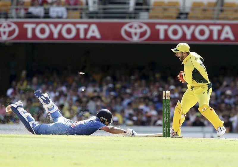 Virat Kohli dives in vain as Wade celebrates after getting the batsman out 