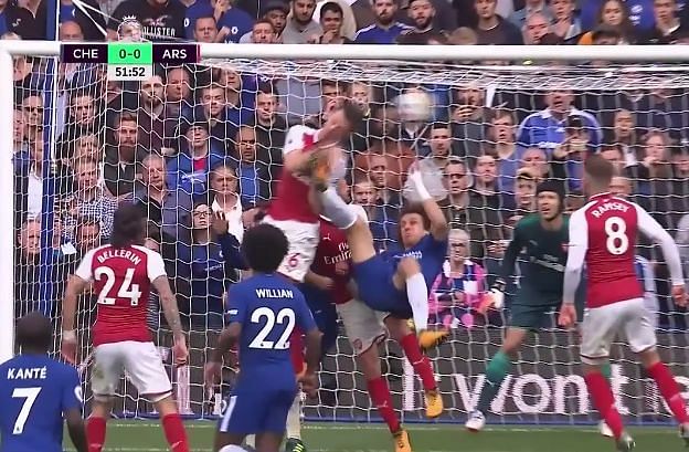 David Luiz overhead kick Laurent Koscielny yellow card