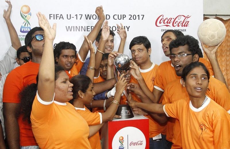 The Blind Football Team got up close with the FIFA U-17 World Cup trophy