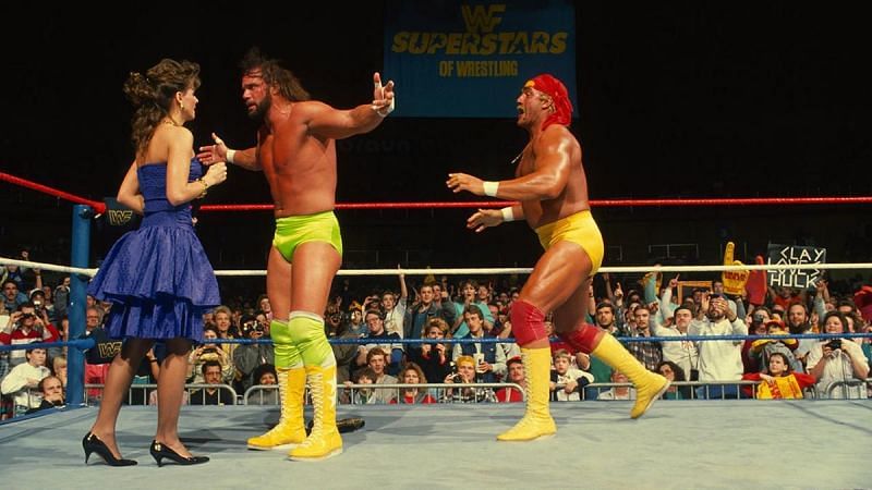Randy Savage and Miss Elizabeth argue in the ring.